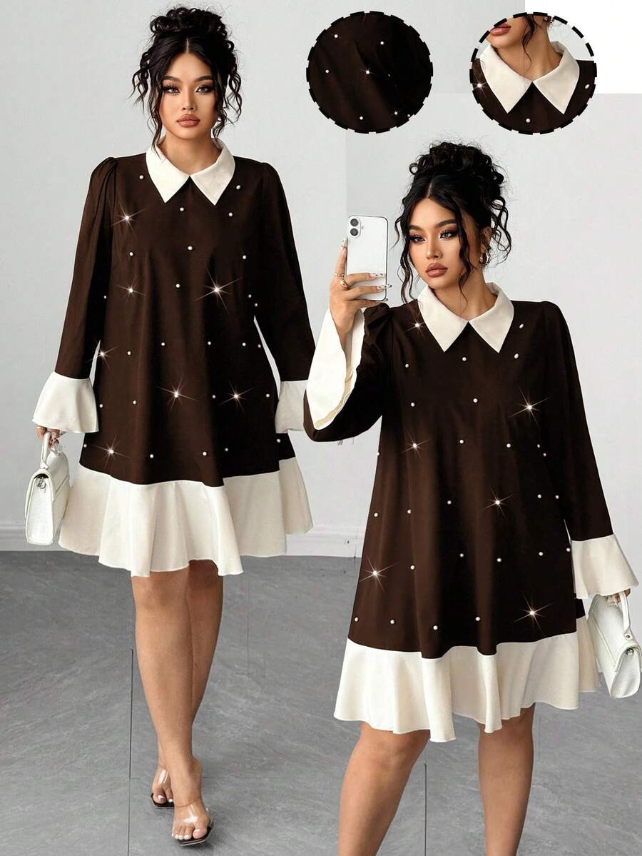 9538 Rochie Scurta Odetta Maro cu Perle Aplicate - Marimi Mari - imagine 1