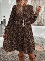 Rochie Scurta Wania Neagra cu Print Frunze Maro - imagine 4