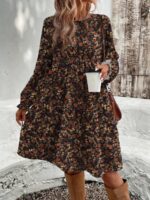 Rochie Scurta Wania Neagra cu Print Frunze Maro - imagine 3