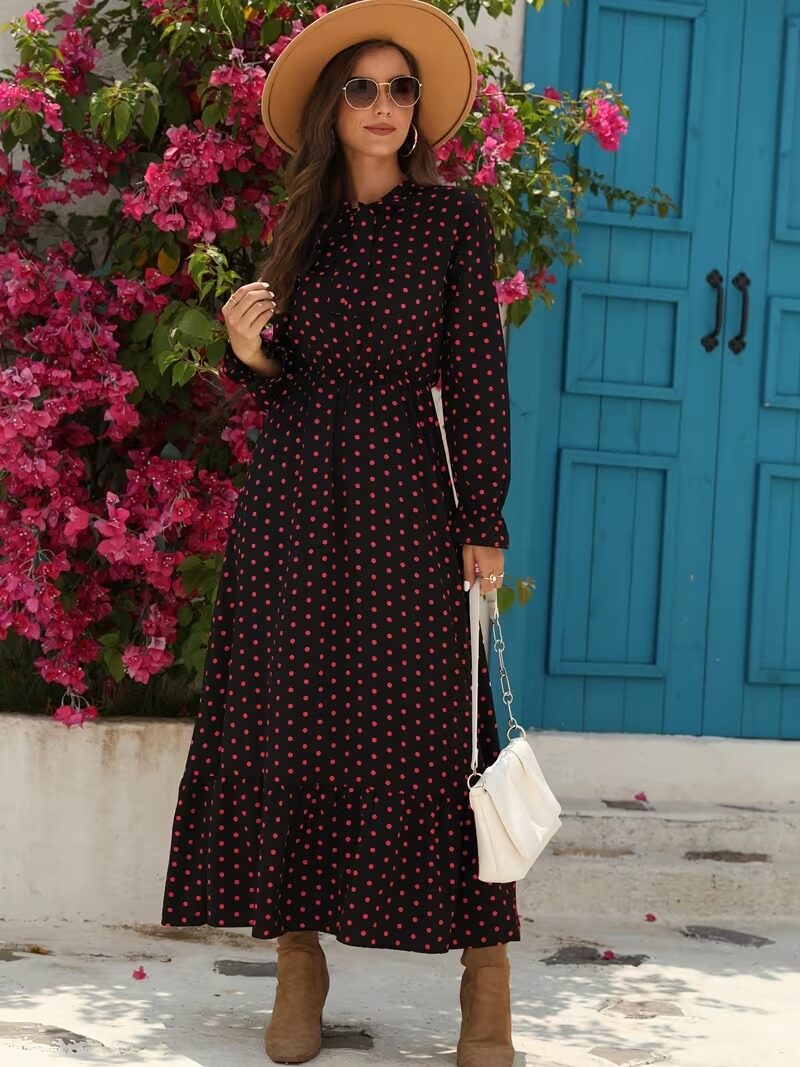 9734 Rochie Lunga Elsevi Neagra cu Buline Rosii - imagine 1