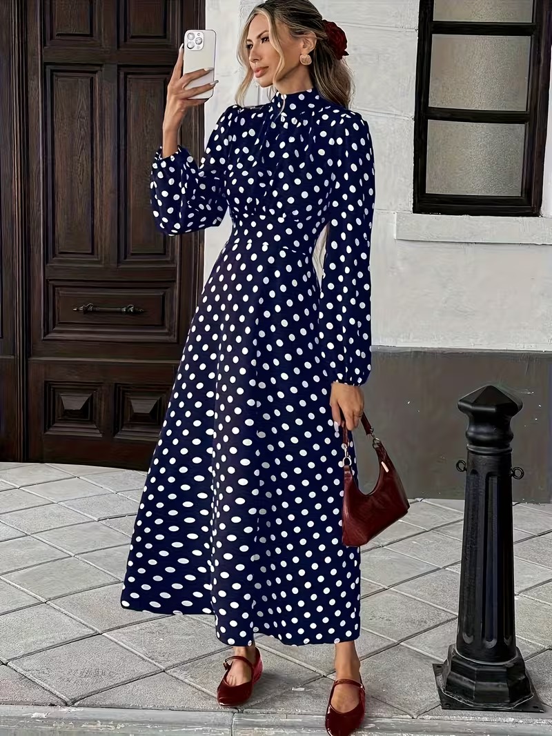 9773 Rochie Lunga Natan Bleumarin cu Buline Albe - imagine 1