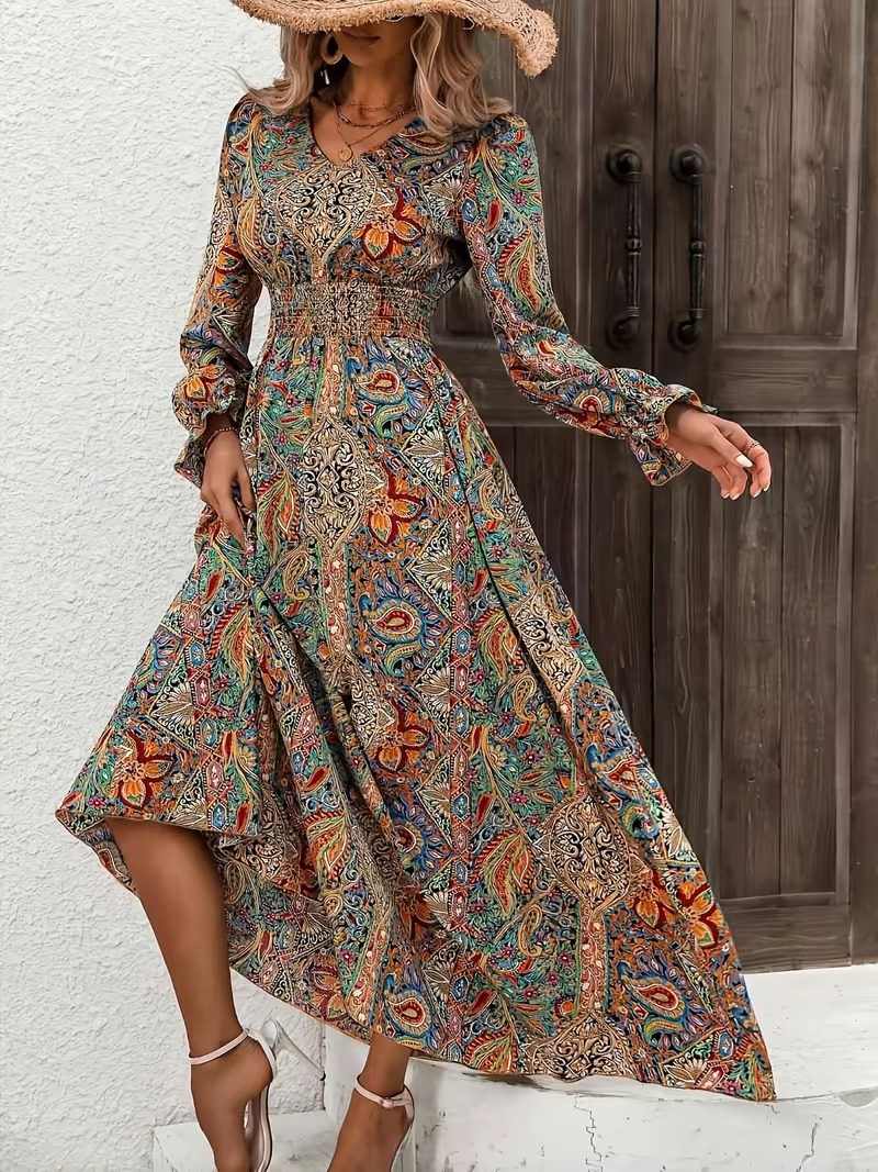9802 Rochie Lunga Ginger cu Print Geometric Multicolor - imagine 1