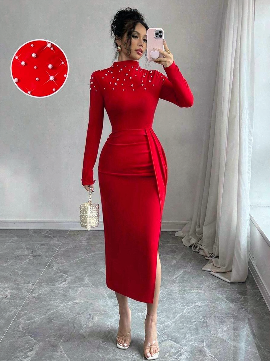 10464 Rochie Midi Perolina Rosie cu Perle - imagine 1