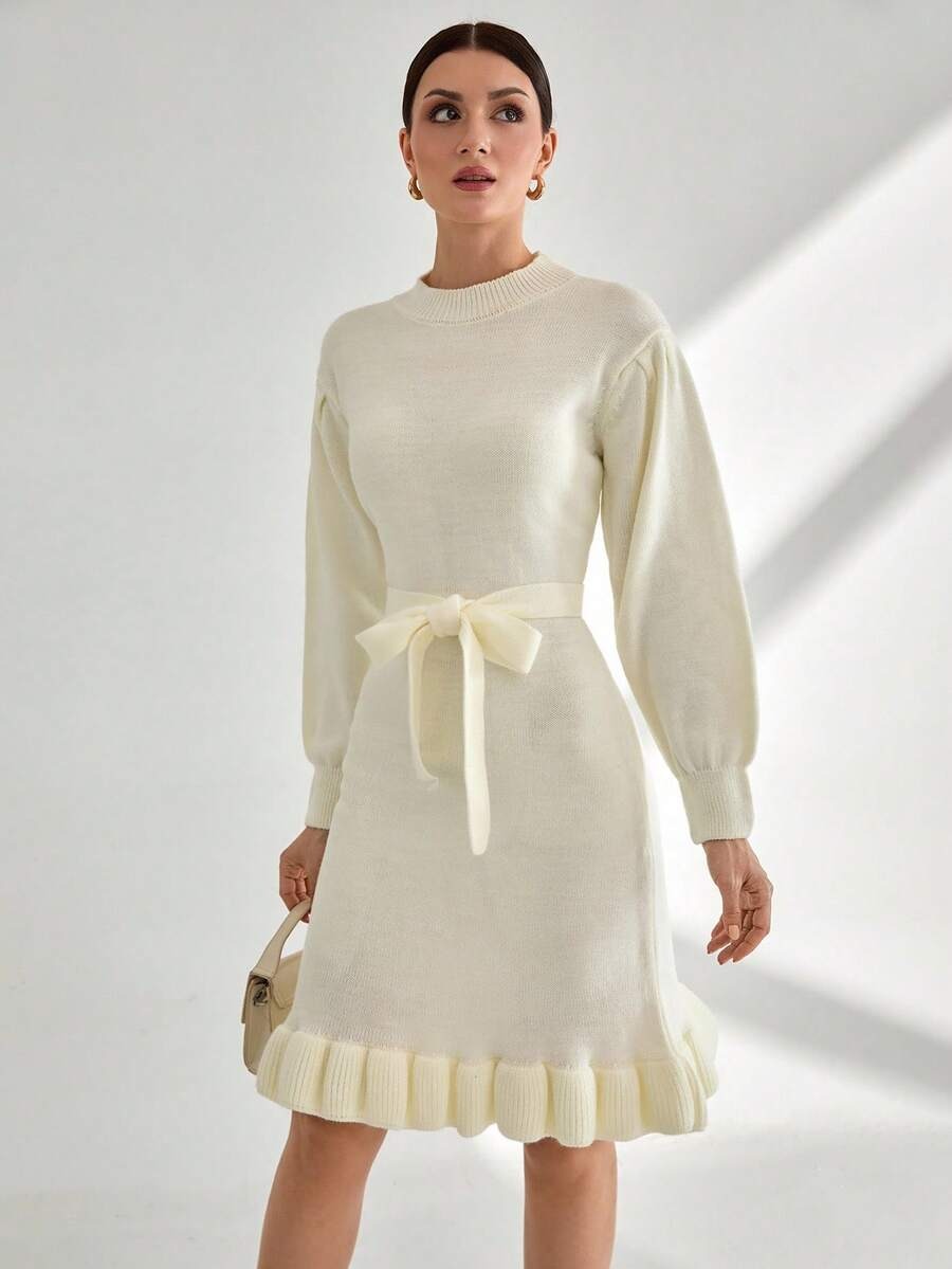 10711 Rochie Scurta Tricotata Rianna Bej cu Cordon - imagine 1