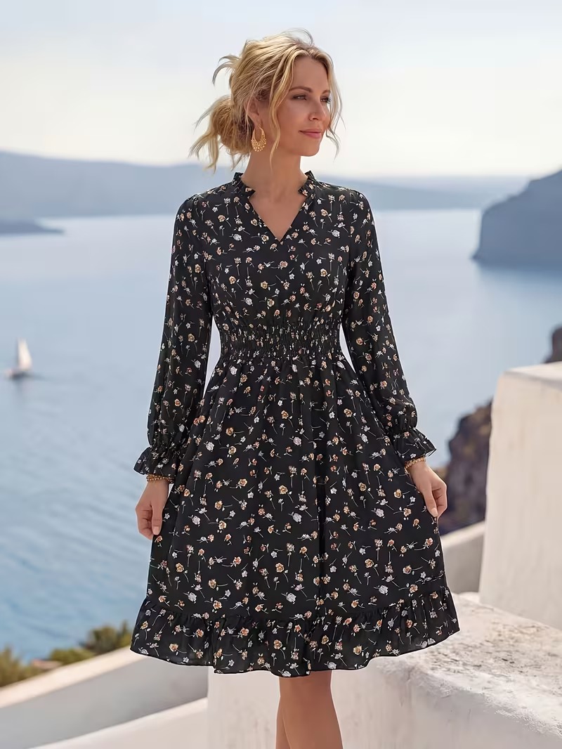 10733 Rochie Scurta Lidia Neagra cu Print Floral - imagine 1