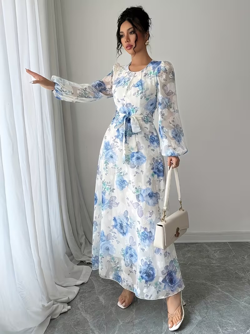 10744 Rochie Lunga Noelia Alba cu Print Floral Bleu - imagine 1