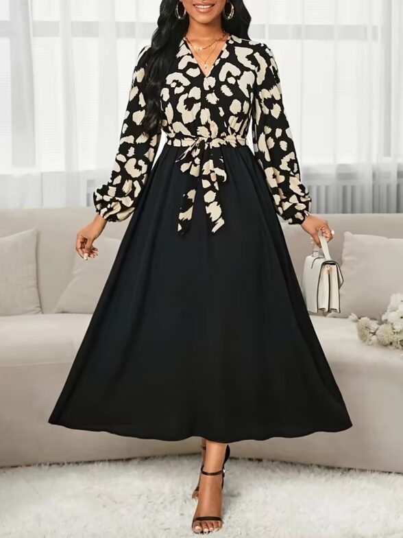 Rochie Midi Anarose Neagra cu Print Geometric Bej