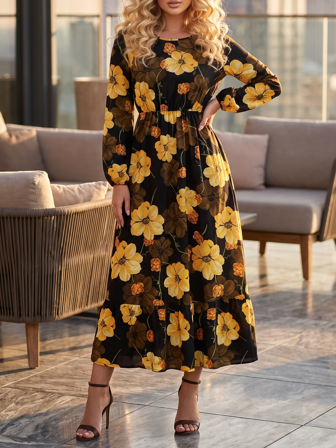 10811 Rochie Midi Velera Neagra cu Print Floral Galben - imagine 1