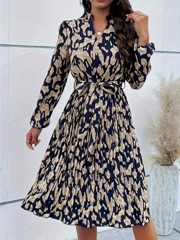 Rochie Midi Munda Neagra cu Print Geometric Bej