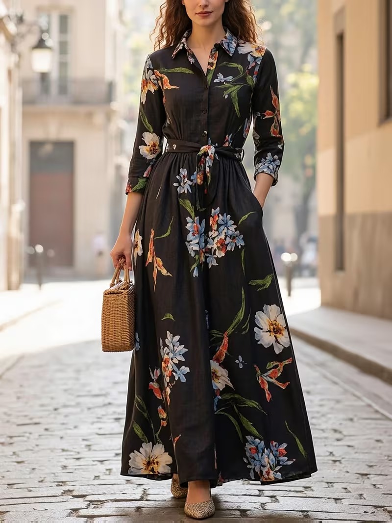 10833 Rochie Lunga Anabela Neagra cu Print Floral - imagine 1