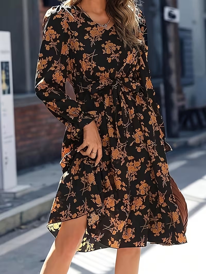 10836 Rochie Scurta Adamine Neagra cu Print Floral Portocaliu - imagine 1