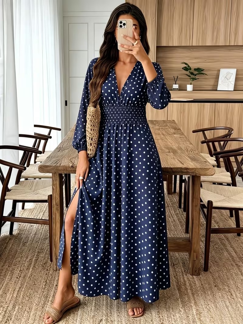 10842 Rochie Lunga Palina Bleumarin cu Buline Albe - imagine 1