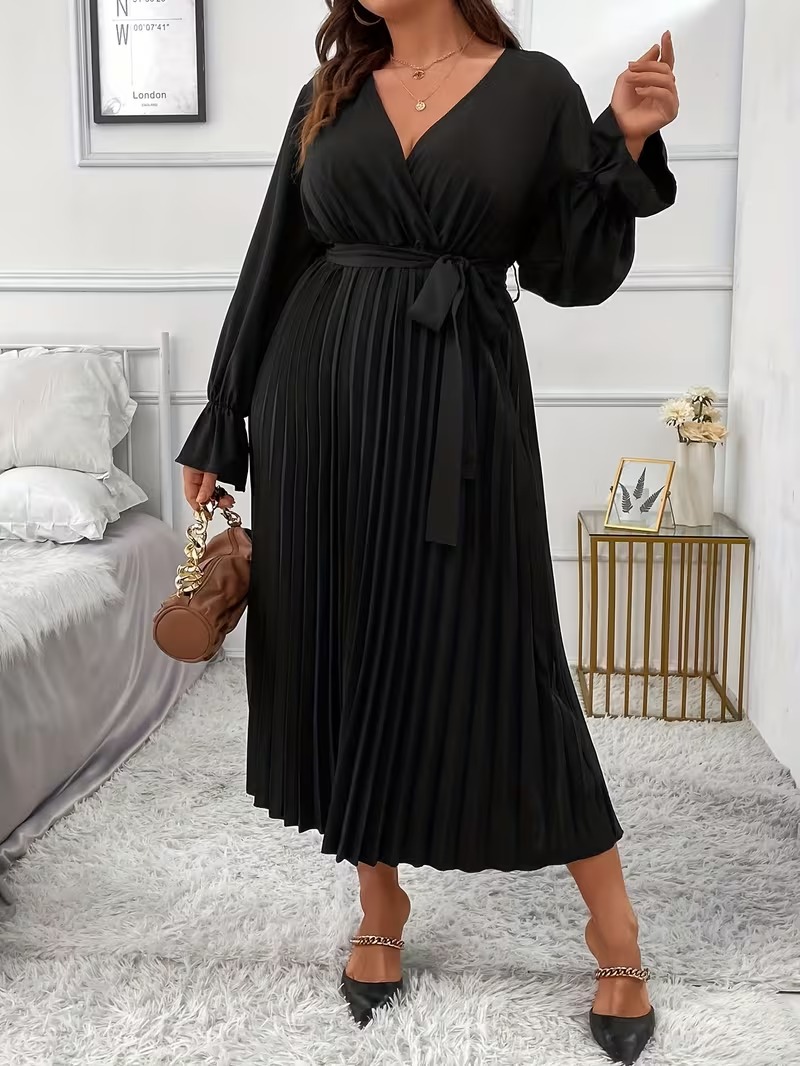 10851 Rochie Midi Isidor Neagra Plisata - Marimi Mari - imagine 1