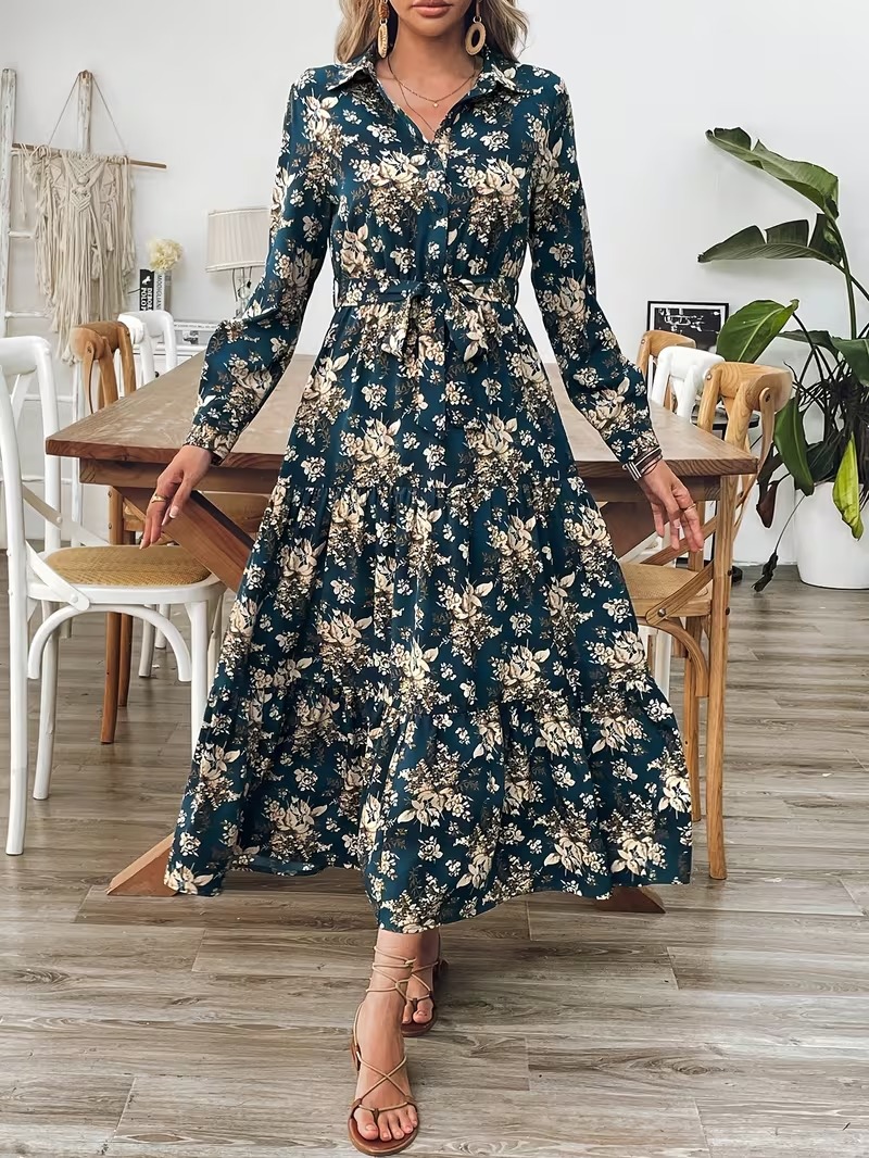 10862 Rochie Midi Ivana Verde cu Print Floral Bej - imagine 1