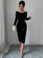 Rochie Midi Tilda Neagra din Catifea cu Perle - imagine 6