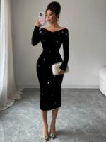 Rochie Midi Tilda Neagra din Catifea cu Perle - imagine 4
