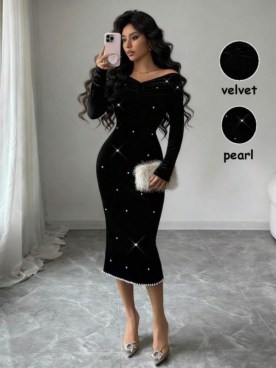 10955 Rochie Midi Tilda Neagra din Catifea cu Perle - imagine 1