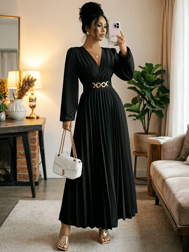 11016 Rochie Midi Delia Neagra Plisata - imagine 1