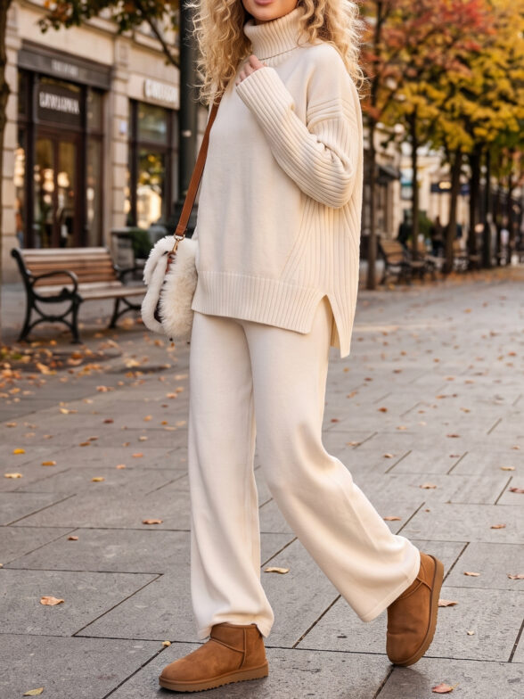 Compleu Tricotat cu Pantalon Aliza Crem