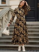 Rochie Lunga Misha Neagra cu Print Floral Galben