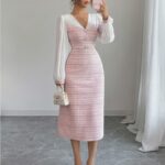 Rochie Midi Elfrida Roz cu Maneci Albe - imagine 6