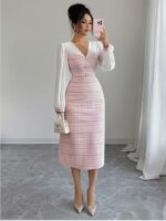 Rochie Midi Elfrida Roz cu Maneci Albe