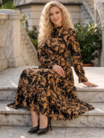 Rochie Lunga Misha Neagra cu Print Floral Galben - imagine 2