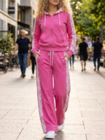 Trening format din bluza cu fermoar si pantalon Armela Roz cu Dantela - imagine 3