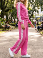 Trening format din bluza cu fermoar si pantalon Armela Roz cu Dantela - imagine 2