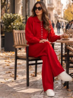 Compleu Tricotat cu Pantalon Sofia Rosu - imagine 3