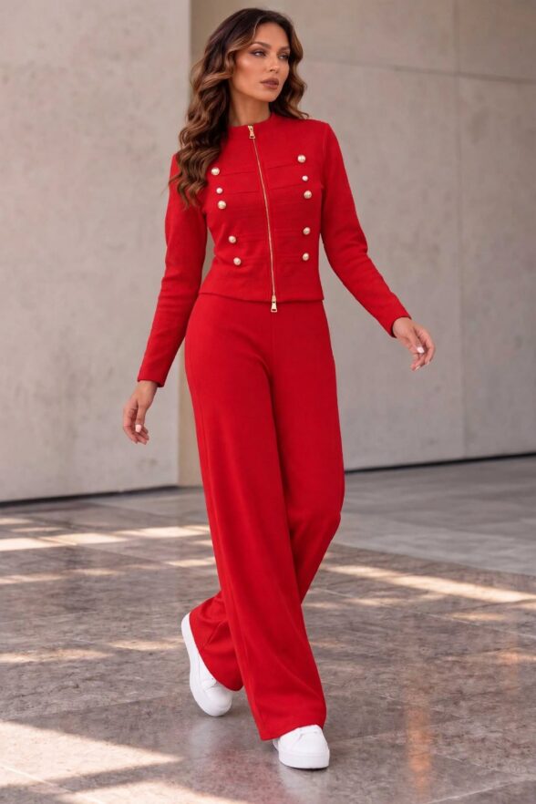 Compleu Tricotat cu Pantalon Castina Rosu
